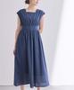Dein Quadratischer Ausschnitt Französischer Ärmel Kleid BFXU1847 Klein Marineblau Hohe Taille Damen