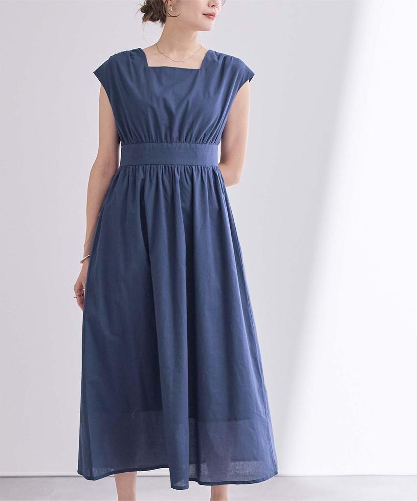 Dein Quadratischer Ausschnitt Französischer Ärmel Kleid BFXU1847 Klein Marineblau Hohe Taille Damen