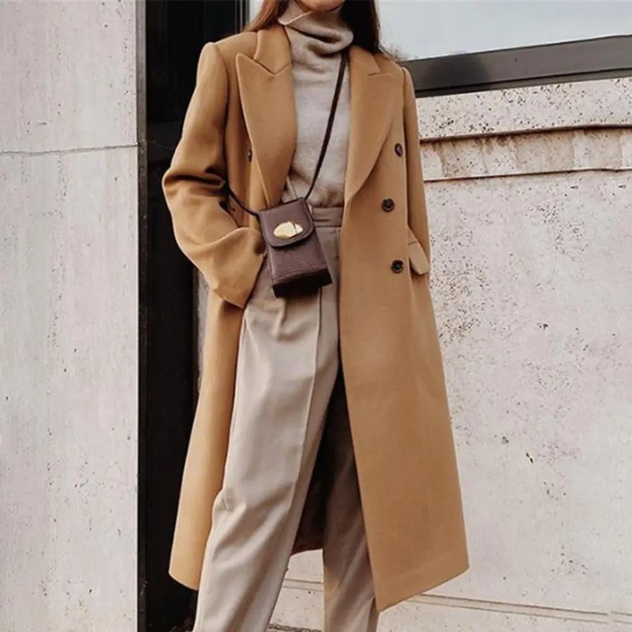 New Autumn Winter Imported Women's Long Sleeve Stand Collar Solid Color Double Button Fitted Coat