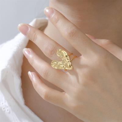 Stainless Steel Love Heart Opening Ring for Women Gold Color Adjustable Finger Rings Texture Design Minimalist Jewelry Gifts