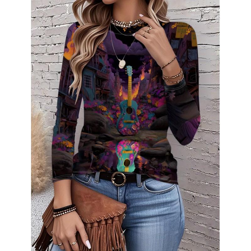 Womens Round Neck 3D Dinosaur Print Tee - Casual Fit 7/8 Sleeve 2025