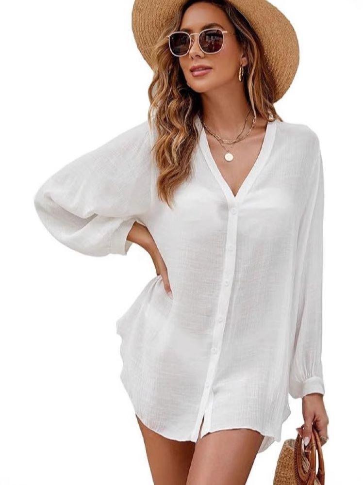 Women's Solid Color Cotton Bamboo Festival Shirt Beach Blouse Bikini Cover-Up Summer Top For Holiday Resortwear