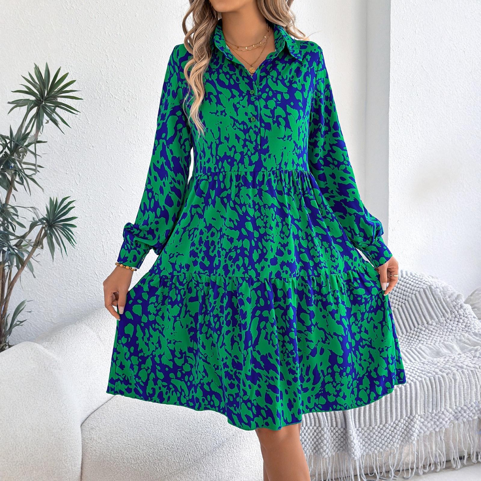 

Женское летнее модное платье-рубашка с принтом, лацканами на пуговицах, свободного кроя, с длинными рукавами XL зелёный