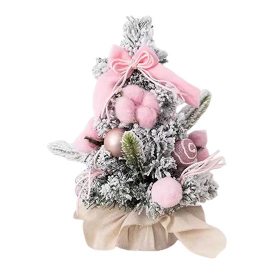 Snowy Mini Christmas Tree Small Tabletop Artificial Flocked Tree with Balls Bow And Cloth Bag Base for Home Office Desk Decor