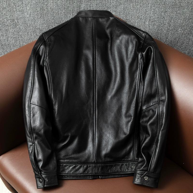 Genuine Leather Jacket Men European Style Stand Collar Biker Coat Casual Large Size