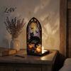 UV Printed Halloween Decor Candle Holder, Gothic Stained Glass Style Translucent Panel Lamp Retro Spooky Candlestick, Tabletop Atmosphere Ornament for