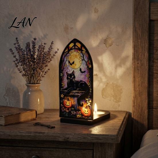 UV Printed Halloween Decor Candle Holder, Gothic Stained Glass Style Translucent Panel Lamp Retro Spooky Candlestick, Tabletop Atmosphere Ornament for