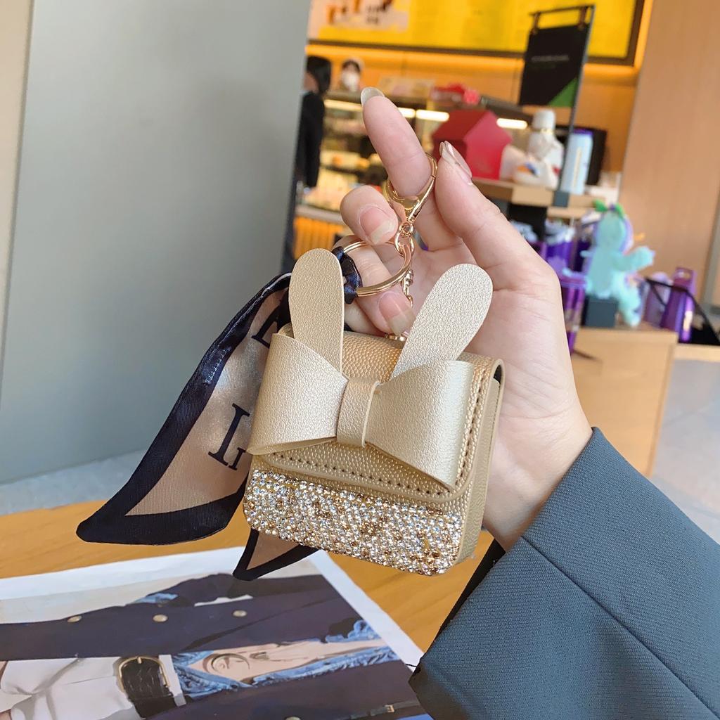 New fashion Internet celebrities ins wind pu small bag with diamond keychain earphone bag pendant change bag portable and high luxury