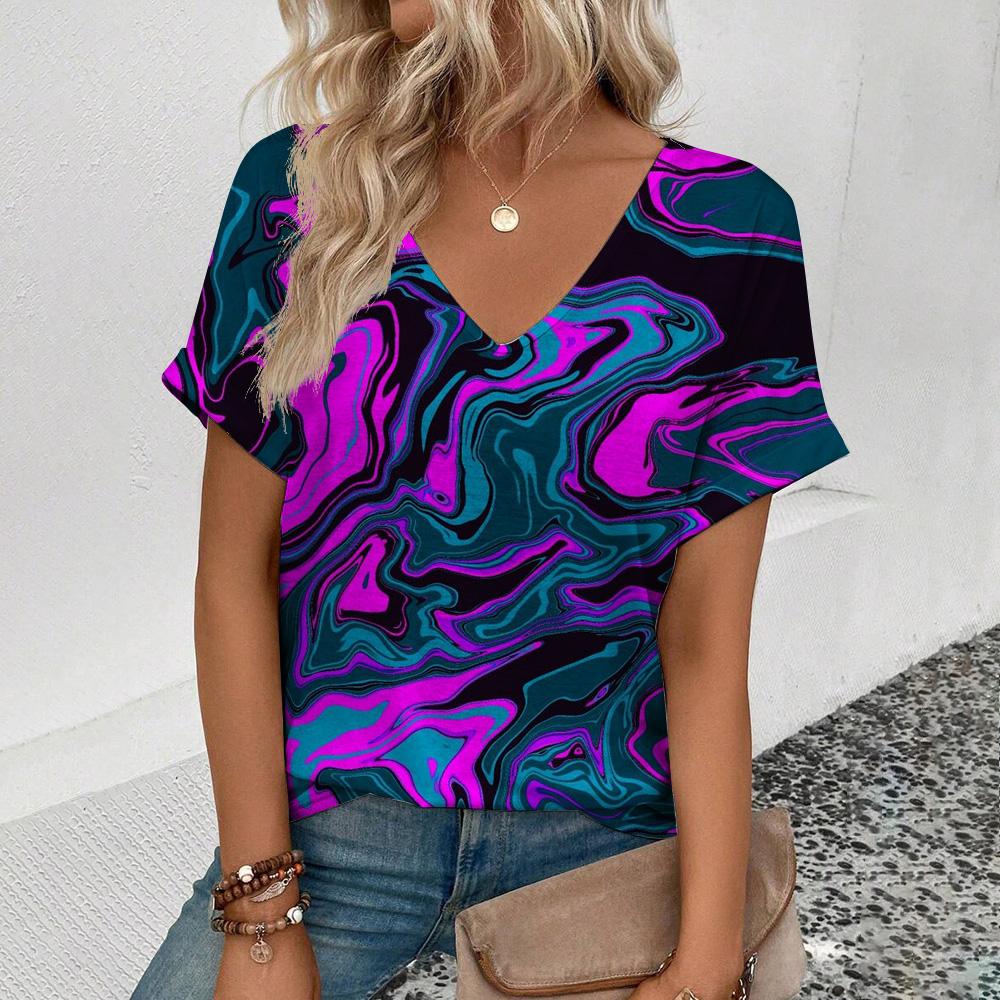 Women'sshort Sleeve V-Neck T-Shirt Colorful Tassels Pattern T-Shirt Fashion Casual Women's Elegant Comfort Large Size T-Shirt