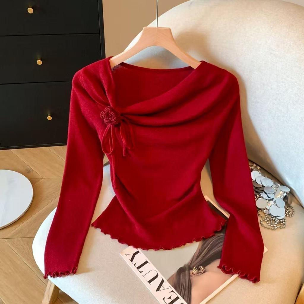 Elegant 3D Floral Lace-Up Knit Top for Women - Autumn/Winter 2025, Slimming Fit with Ruffled Collar