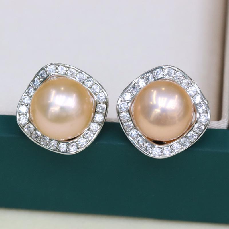 18K Gold Plated Freshwater Pearl Stud Earrings with Zircon, 8-9mm, Fashionable and Versatile for Women.