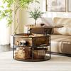 Round coffee table with liftable tabletop, storage space, side shelves, steel frame, coffee table, brown
