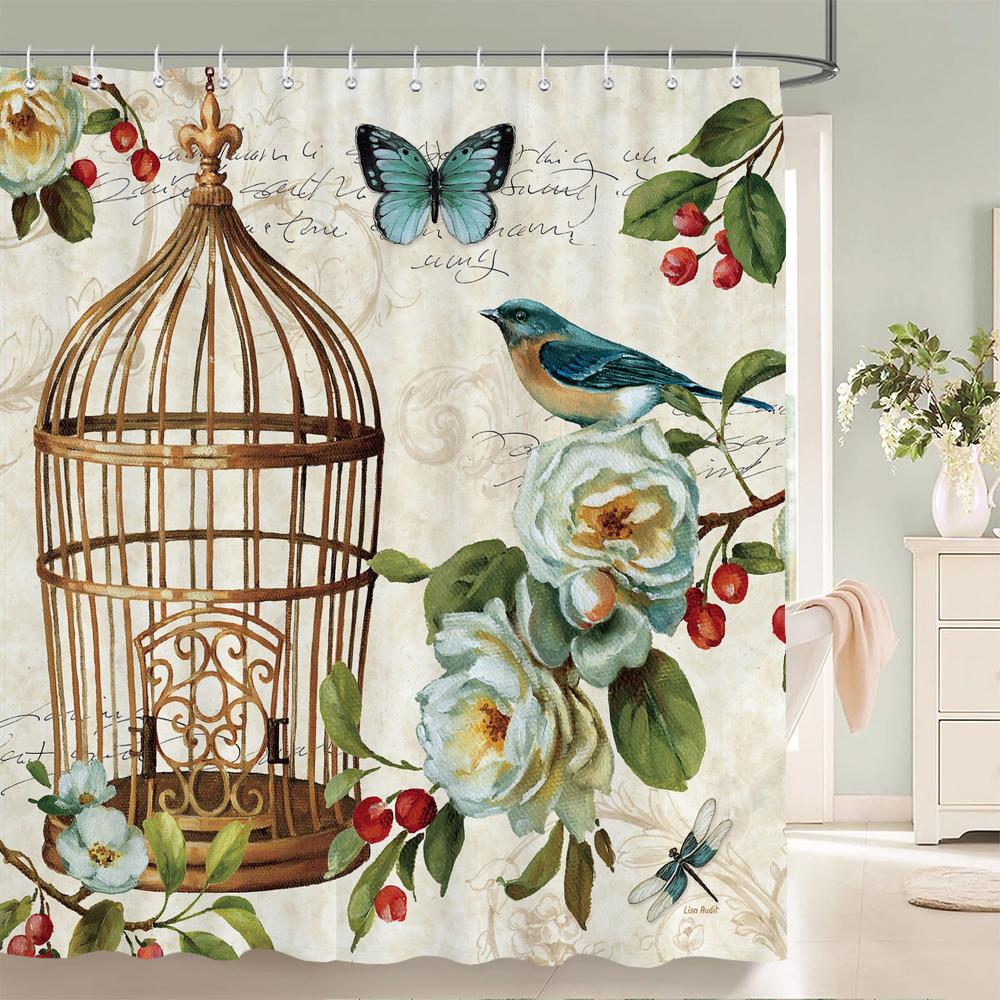 Bathroom Retro Flower-and-bird style Shower Curtain European style Art Polyester Fabric Shower Curtain 180 * 180CM with Hooks