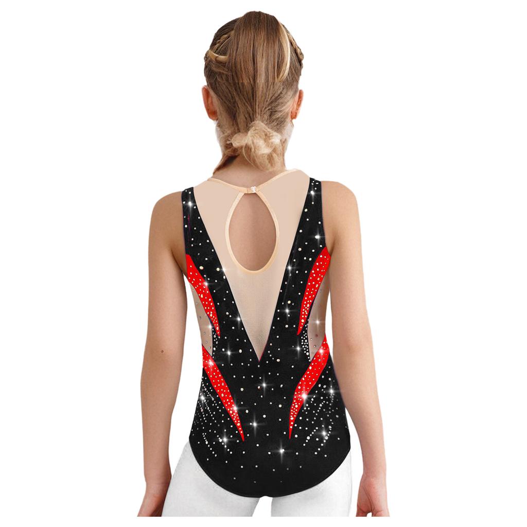 Girls Metallic Gymnastics Leotard Sleeveless Keyhole Back Sheer Mesh Patchwork Sparkling Rhinestone Bodysuit