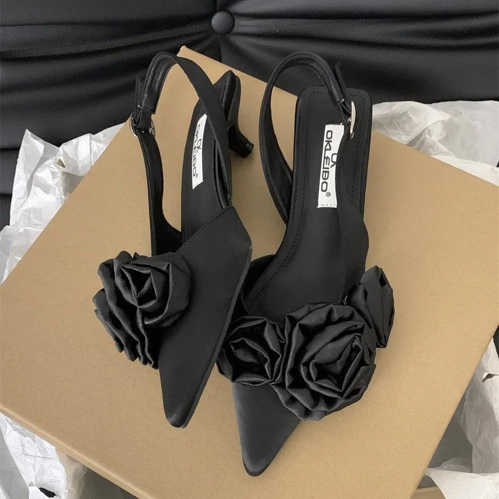 Fashion Elegant Woman Sandals High Heeled Sweet Rose Closed Toe Footwear 2024 Summer Slingback Pointed Fashion Dress Ladies Shoes