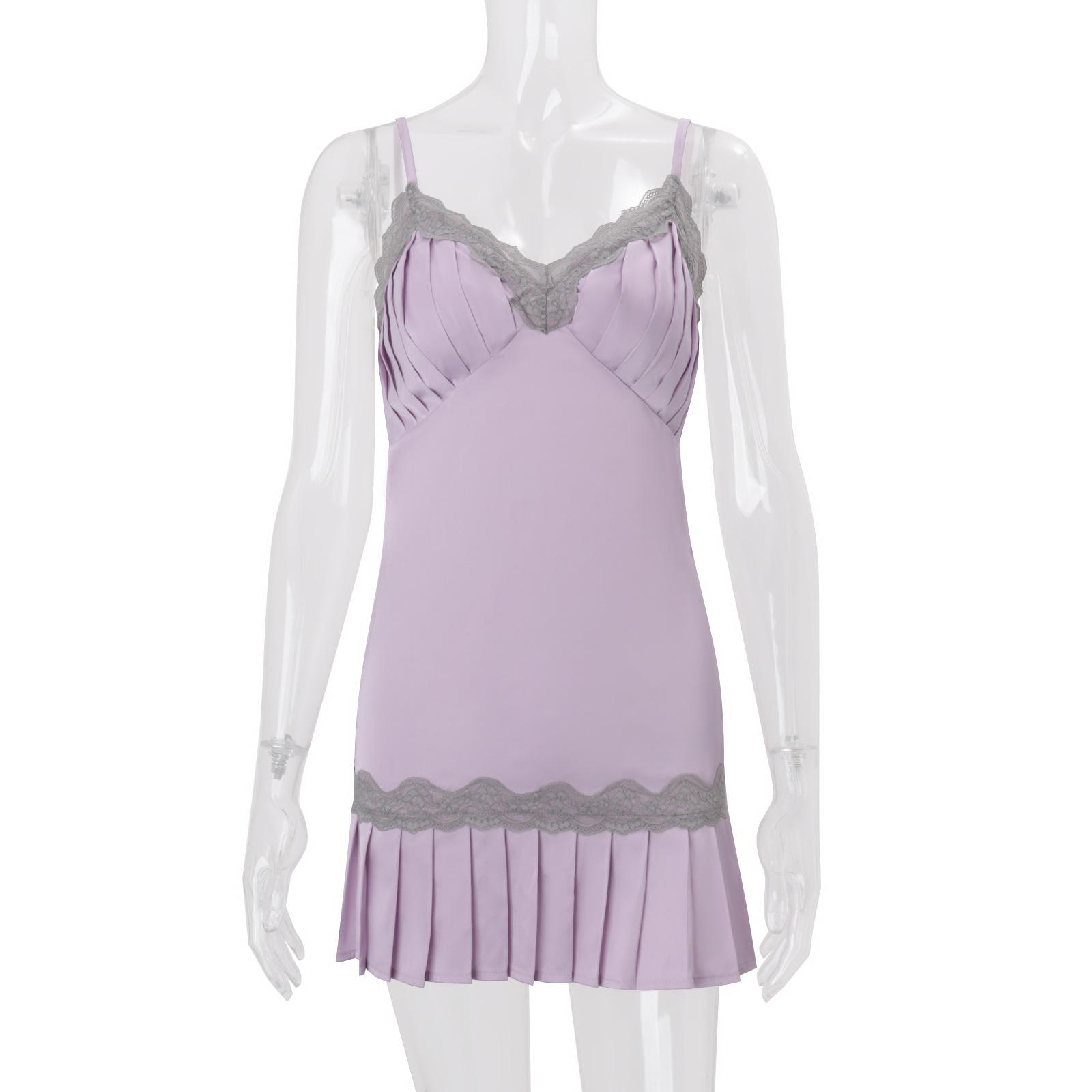 European and American women s clothing spring new pure desire wind lace splicing V-neck suspender pleated dress S