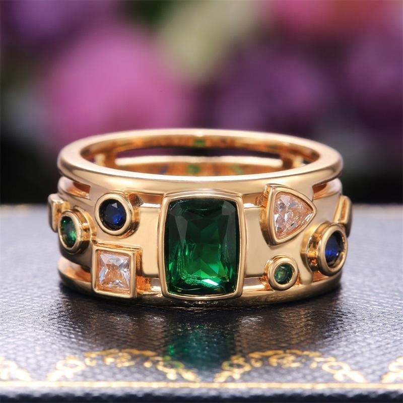 Gorgeous Gold Color Band Women Rings with Irregular Colorful Cubic Zirconia Wedding Party Jewelry Trendy Accessories Gift
