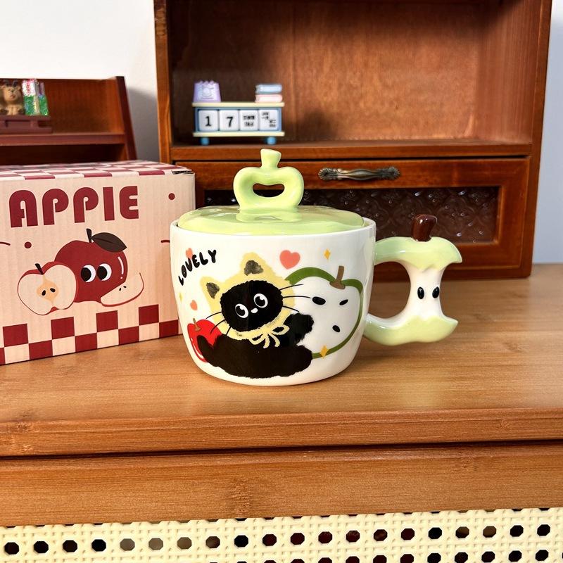 ספל חתול תפוח יצירתי עם מכסה, כוס קרמיקה חמודה בעלת ערך גבוה, ספל מזכרת, מתנה לחג המולד