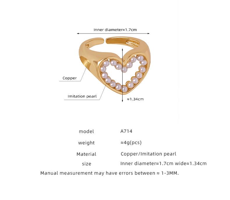 European & American Geometric Gilded Copper Heart Ring with Smooth Surface Design & Creative Imitation Pearl – Trendy Luxury Couple Rings for Women.