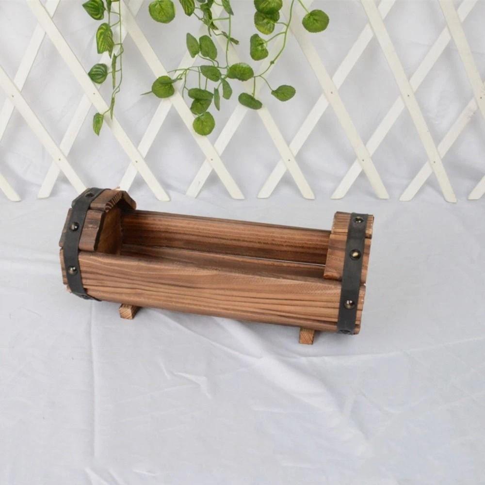 Rustic Wooden Barrel Planter Box Solid Flower Containers Half Barrel Planter  Outdoor Garden
