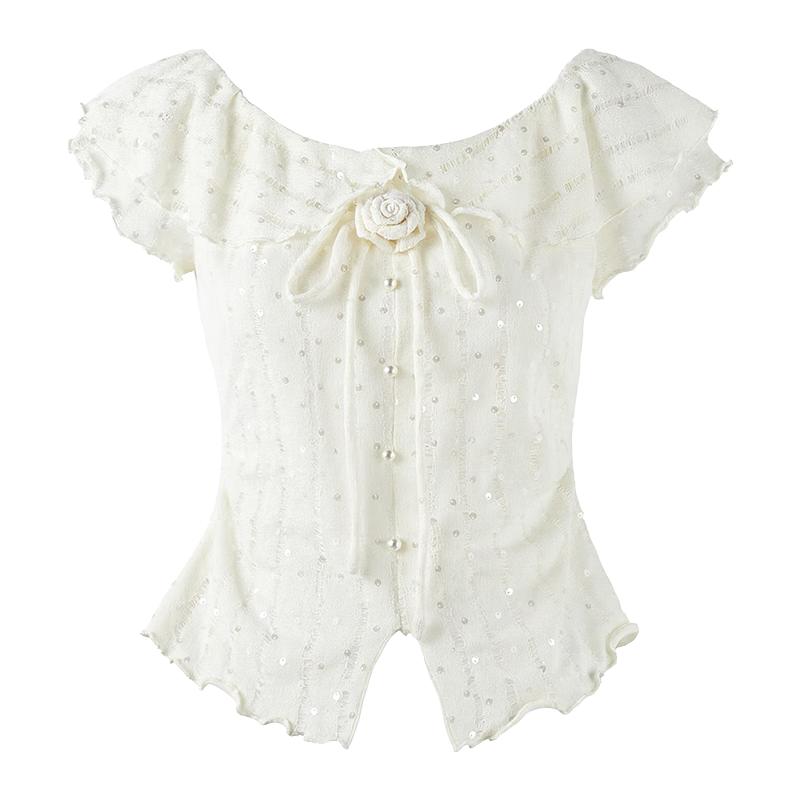 Qiushui Yiren Sequin Embroidered V-Neck T-Shirt M