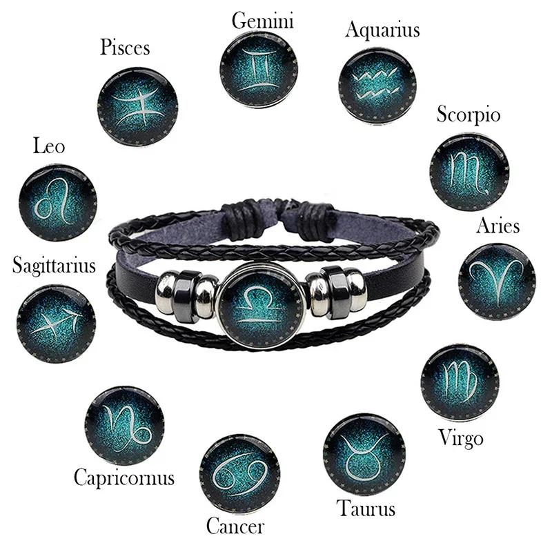 12 Constellation Luminous Bracelet Men Women Couple Multi-Layer Handmade Woven PU Rope Charm Bracelet Wristband Jewelry Gifts