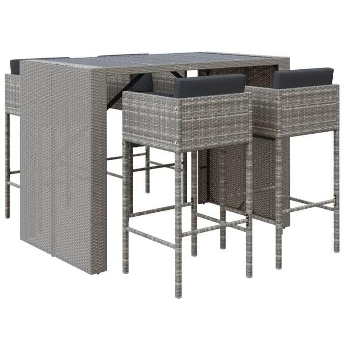 VidaXL Ensemble de bar de jardin 5 pcs avec coussins gris poly rotin, ensemble de table de bar, table et chaise de bar, 3200668