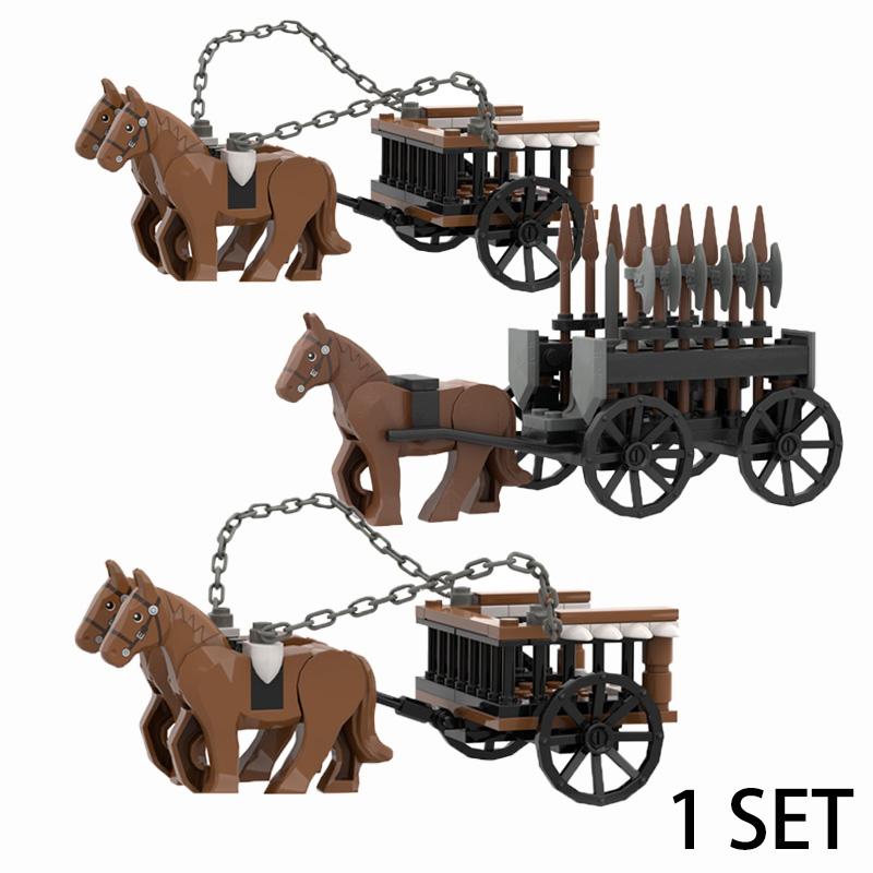 MOC Mittelalterliche Militärkutsche, Kutsche, Streitwagen, Ritter, Transportkutsche, Waffen, Figuren, Gemüse, Holz, Ziegel, Kinderspielzeug