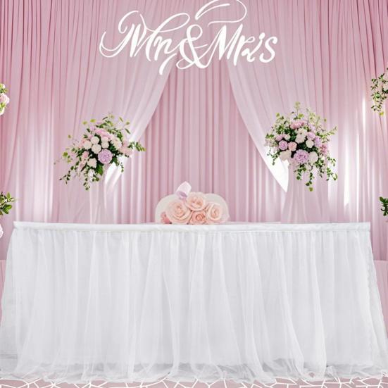 Tulle Table Skirt for Rectangular Tables White Pleated Table Cloth 6Ft/9Ft Wrinkle Free Tablecloth with Tutu Skirt Party Banquet Cake Table Decoration