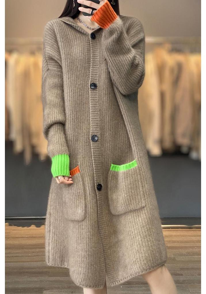 Cardigan di lana con cappuccio: Vestibilità Ampia, Lunghezza Medio-Lunga, Lavorazione Spessa per Autunno/Inverno, Maglione da Donna Stile Coreano