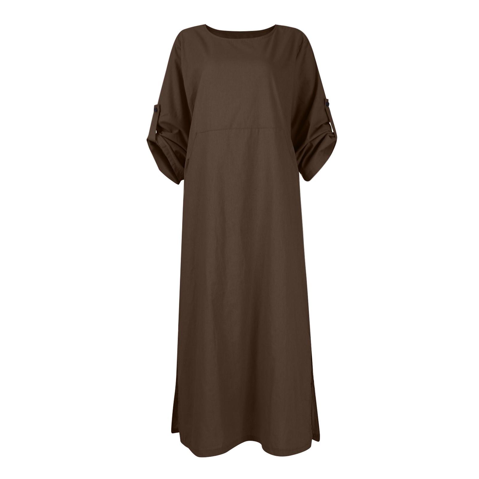 

Women s Cotton And Linen Color Casual Round Neck Double Side Pockets 3/4 Sleeve Long Dress L кофейный