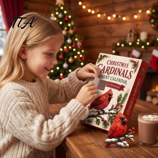 Acrylic Ornament Collection Red Bird Advent Calendar, 24-Day Christmas Countdown Set with Ornaments, 2D Tree Hanging Decor, Holiday Gift for