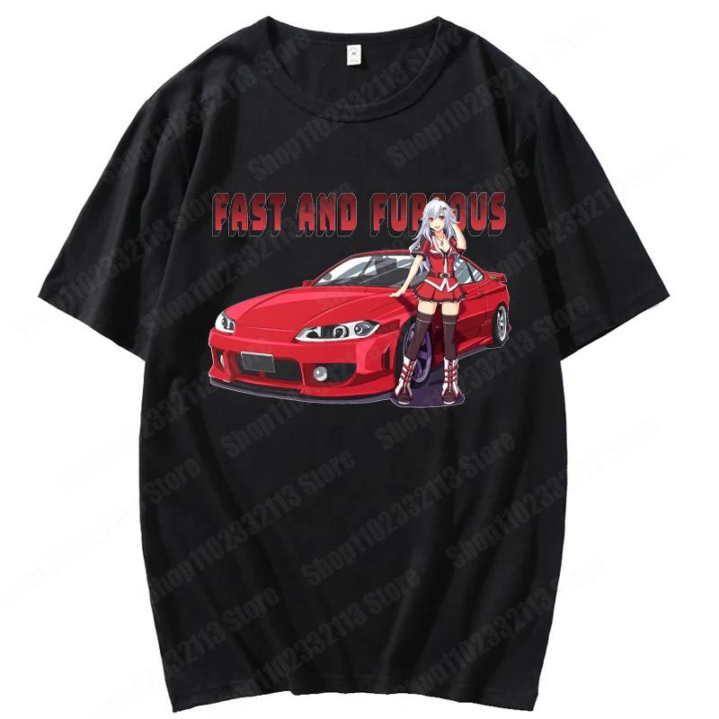 Unisex Anime Girl Car Graphic Tees Shirt Summer Short Sleeve Harajuku Casual Loose Tops Ropa Hombre