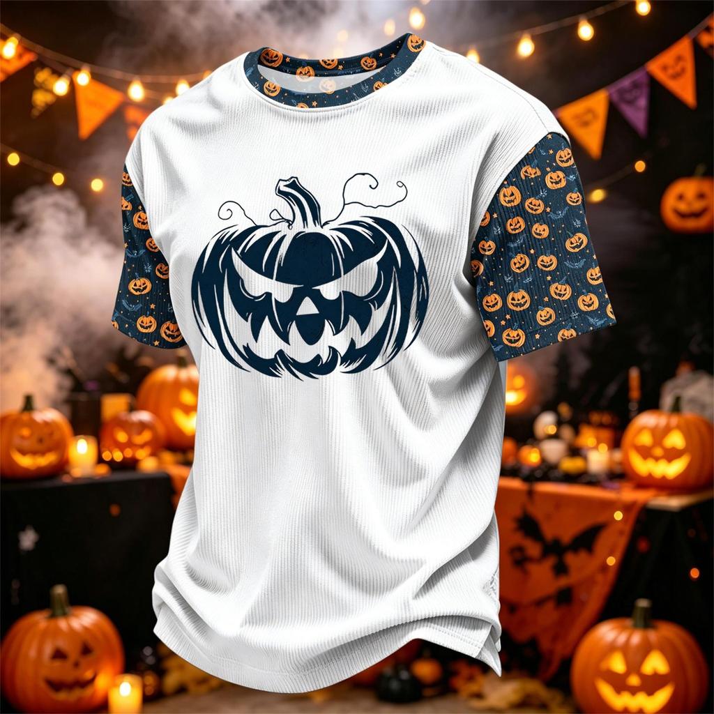 Herren Kord-Rundhals Leicht Atmungsaktiv Kurzarm Oberteil Halloween-Druck Kürbis Grafik Buchstaben oder Süßes Design Freizeithemd