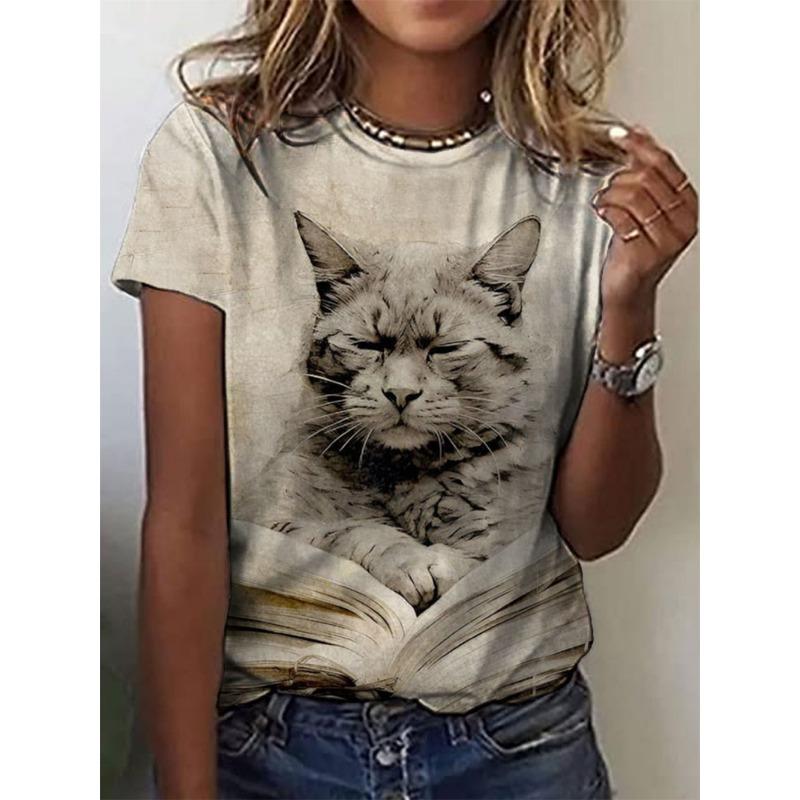 

Летняя женская футболка с круглым вырезом, повседневная, свободный дизайн, топ Harajuku, модная футболка с 3D-принтом и изображением кота 3XL