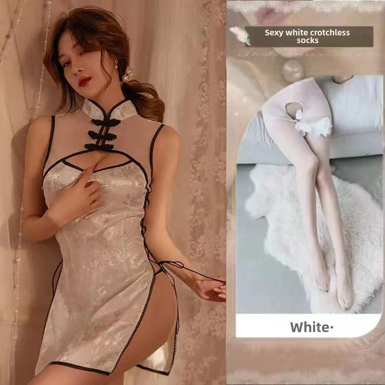 Sexy Retro Jacquard Strap Cheongsam Uniform Temptation Perspective Sex Underwear Stand-up Collar Buckle