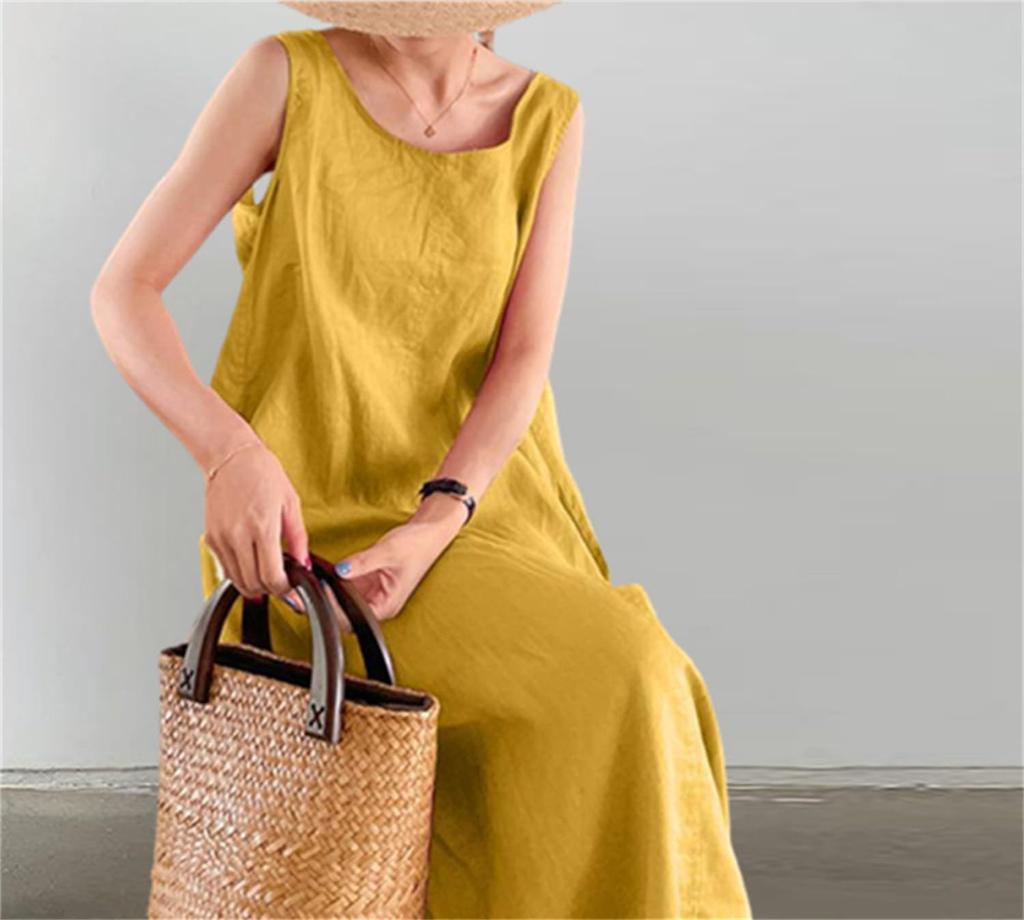Summer Sleeveless Beautiful Long Maxi Mori Girl Loose Plus Simple Yellow [kisetsumate] Women's Cotton-Linen Dress, Dress, Linen-Style, Style, Fit,
