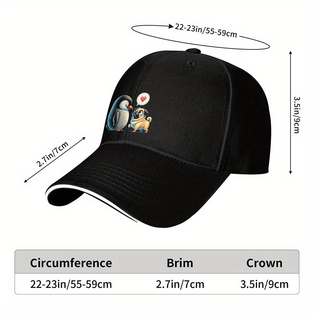 Cute Penguin and Pug Cartoon Print Cotton Baseball Cap Adjustable Casual Adult Sport Hat
