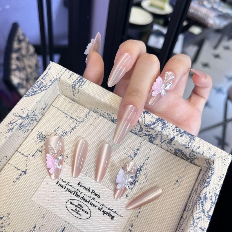 Ins Style Press On Nails Butterfly Pearl Handmade Fake Removable Women