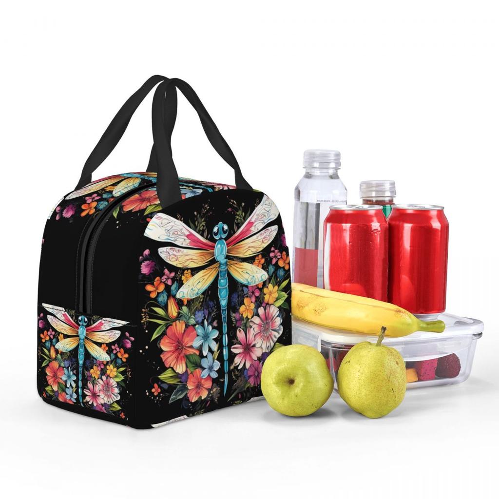 Colorful Dragonfly With Flower Insulated Lunch Bag for Women Kids Leakproof Food Boxes Thermal Lunch Box Tote