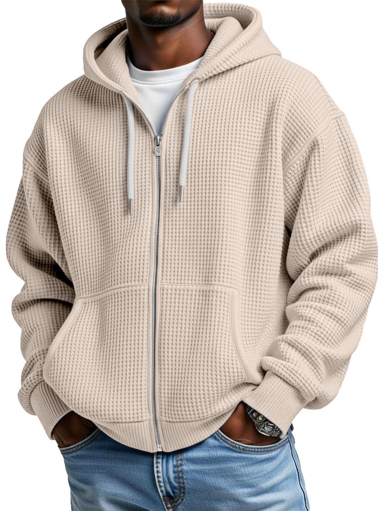 Men's 2025 Waffle Texture 3D Print Double Hooded Zip Sweatshirt