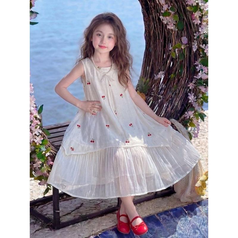 Sweet Peach-colored Dress for Girls - Summer Children s Princess Cherry Print Dress 130