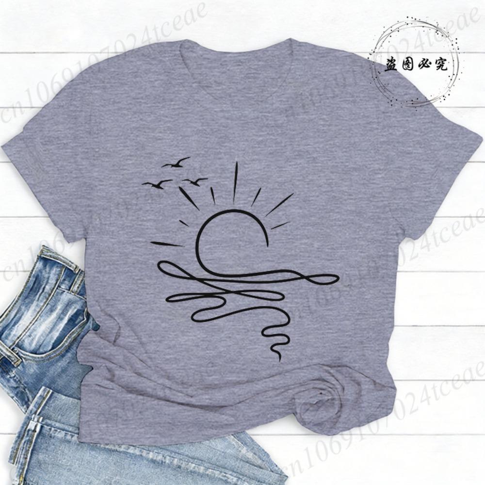 Sun Ocean Shirt Graphic Boho Summer T Shirts Trendy Beach Tee Cute Minimalist Summer T-Shirts Short Sleeve Trip Women's Shirts