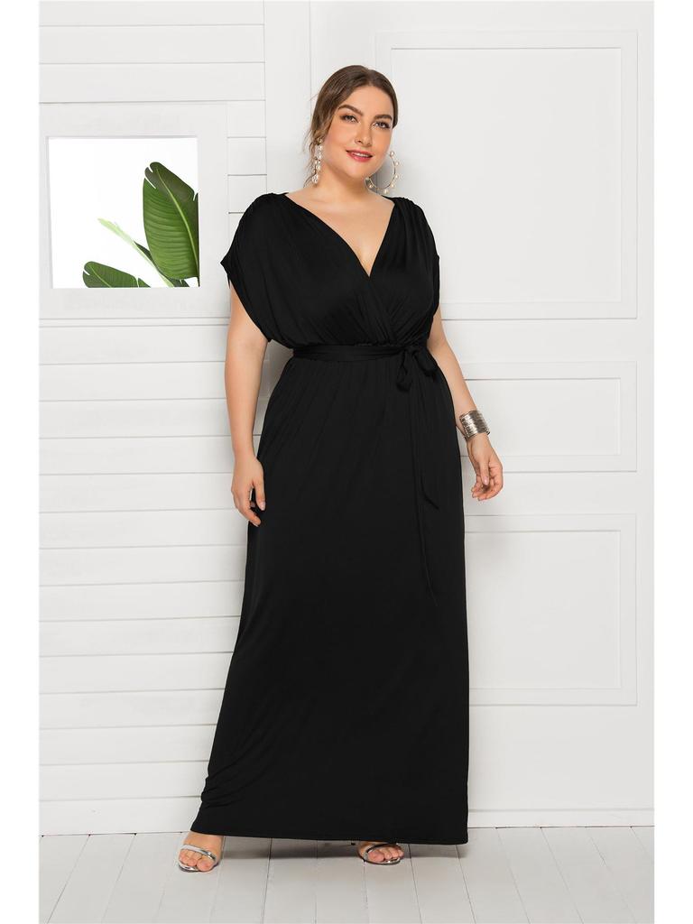 Plus Size Women’s Solid V-Neck Evening Dress, Sexy Loose Fit with Large Hem