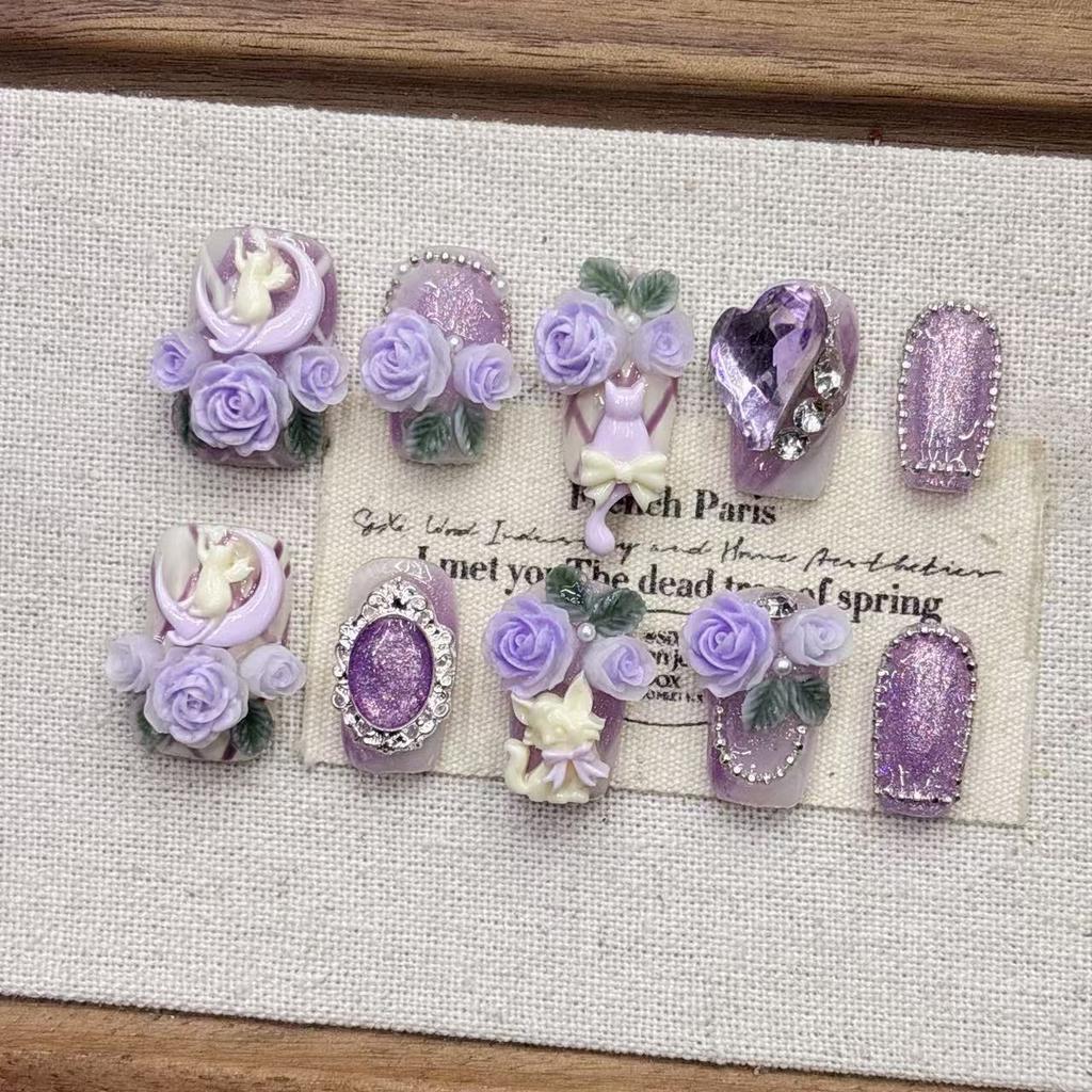 Purple Press On Nails Almond Fake Nails French Tip False Nails with Cat Design Full Cover Acrylic Glue On Nails Artificial Stick On Nails for Women