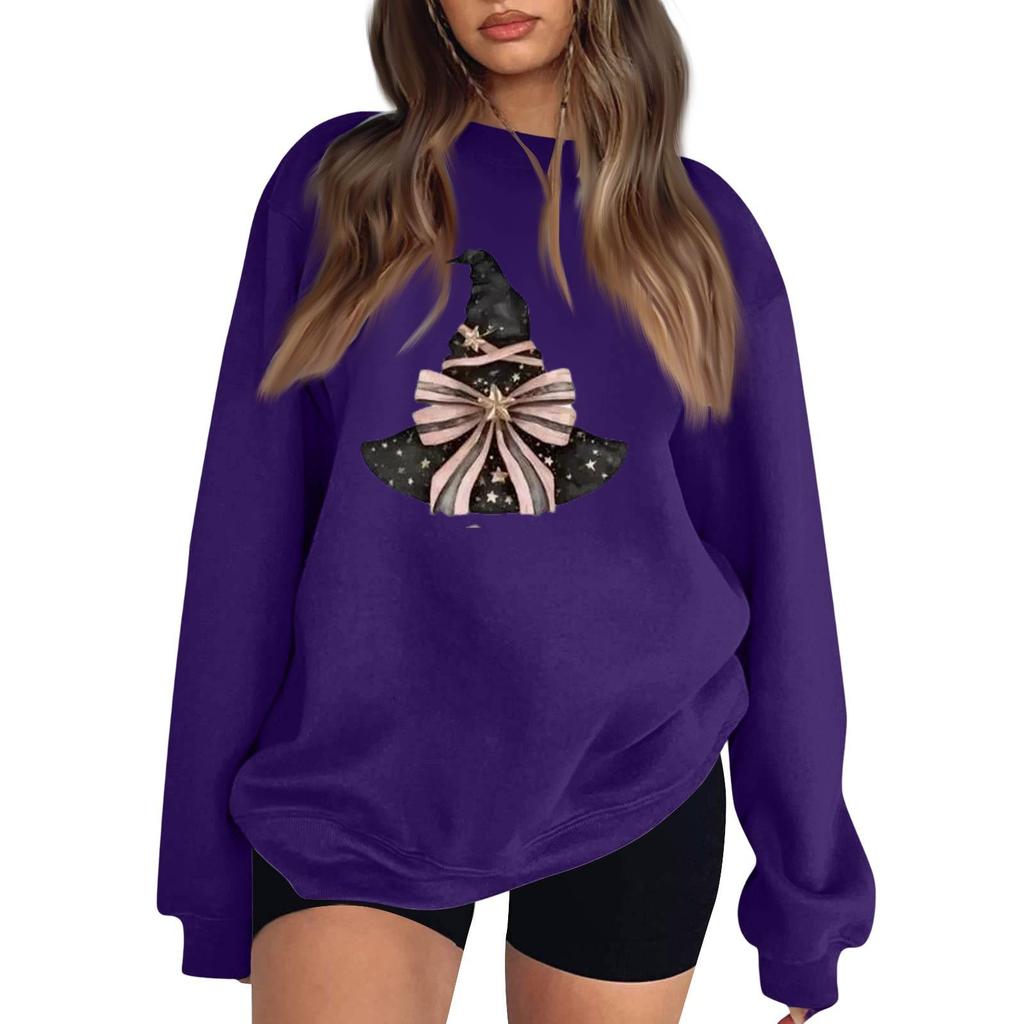 Women's Comfortable Round Neck Long Sleeve Sweatshirt Loose Fit Casual with Color and Halloween Print
