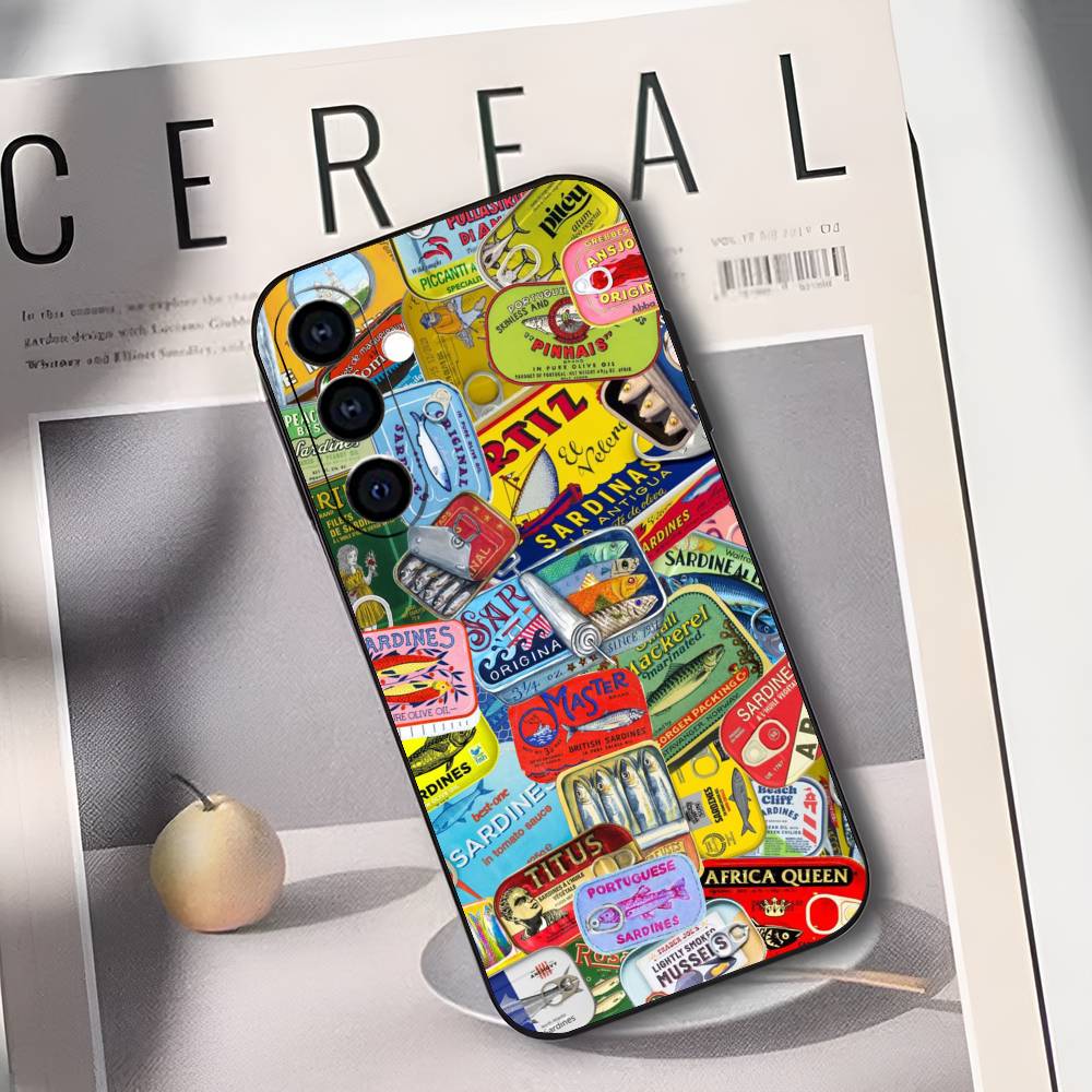 Sardines Fish Art Canned Food Phone Case For Samsung Galaxy A73,A72,A71,A70,A53,A52,A51,Soft Silicone Black Cover