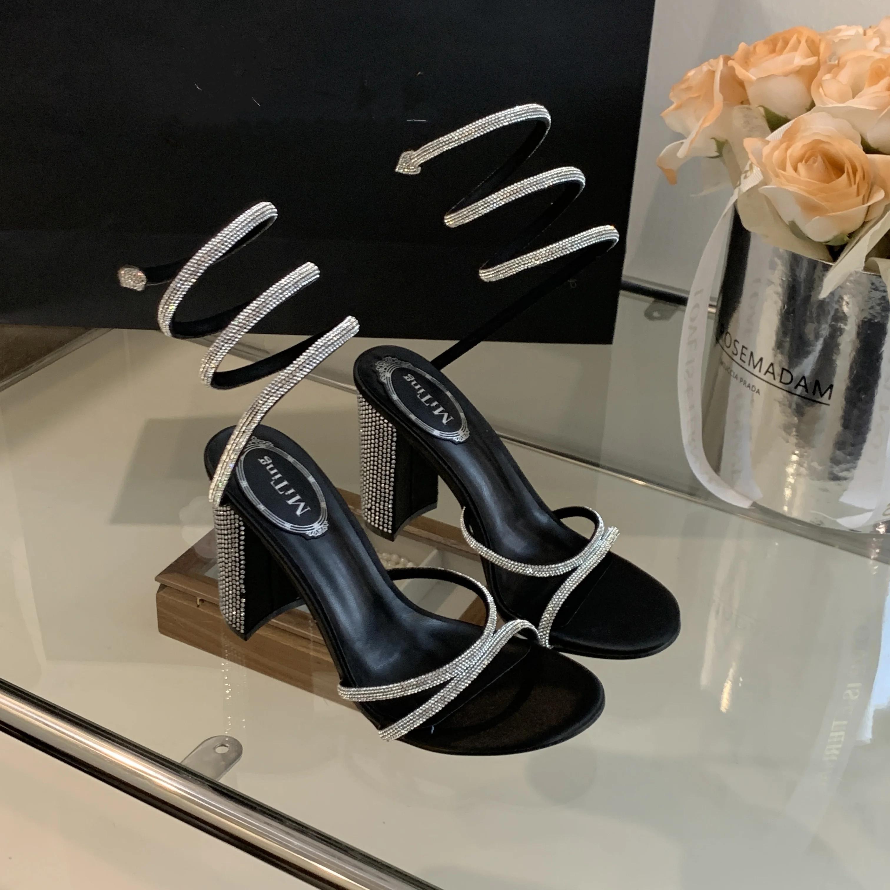 

Летние женские босоножки модные замшевые со стразами змеиная петля ремешок на щиколотке толстый каблук босоножки на высоком каблуке вечерние свадебные туфли 35