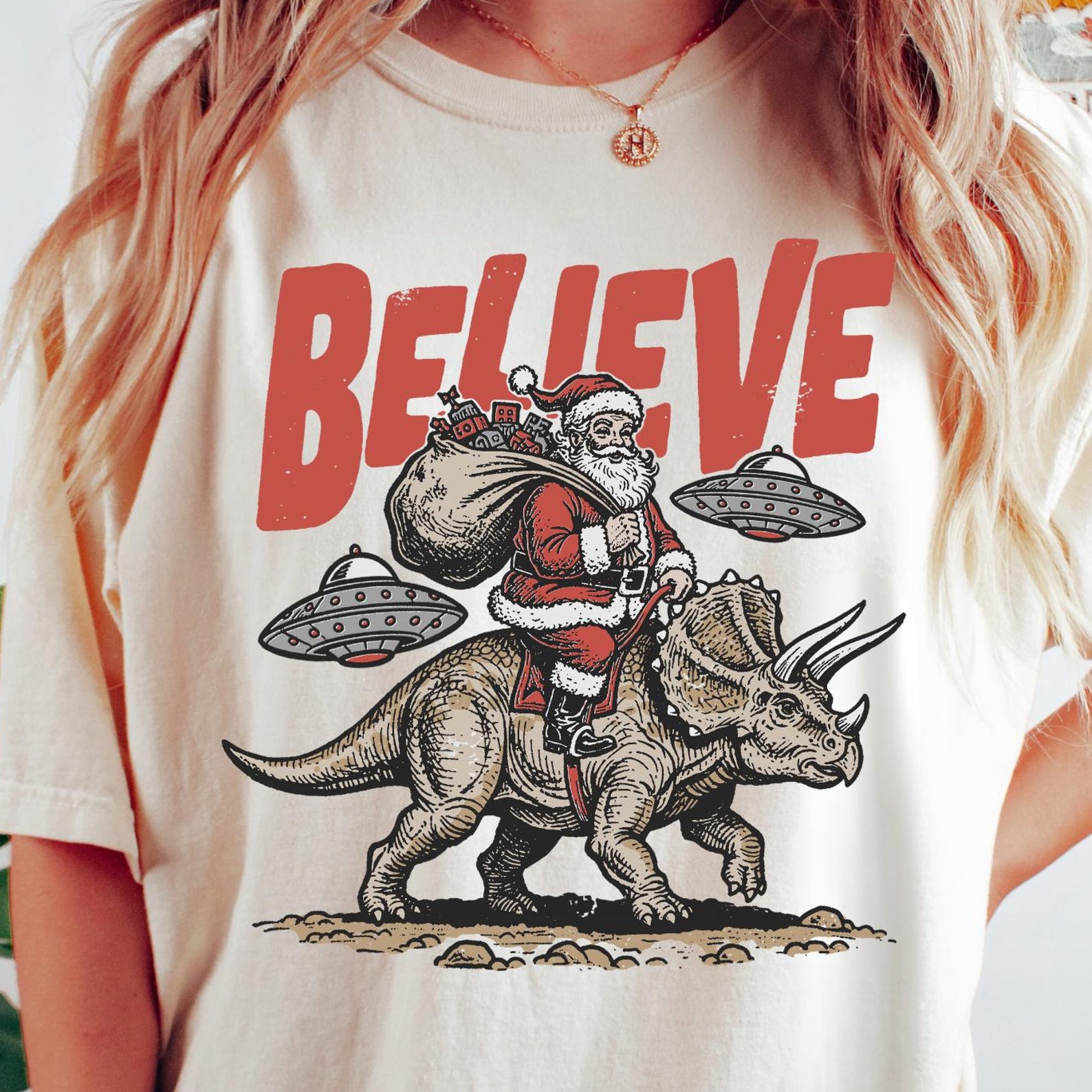 Funny Christmas Comfort Colors® T-Shirt: Believe in Santa Shirt, Unisex Santa Dinosaur UFO Tee 4XL