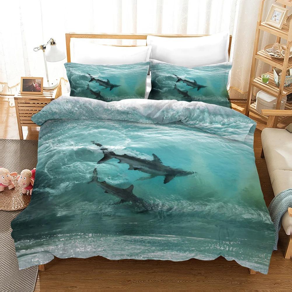 Delfin Dynetrekksett 3D Delfiner Hopper Sengetøy Polyester Havdyr Tema For Tenåringer Dobbel Queen King Size Dyne Trekk